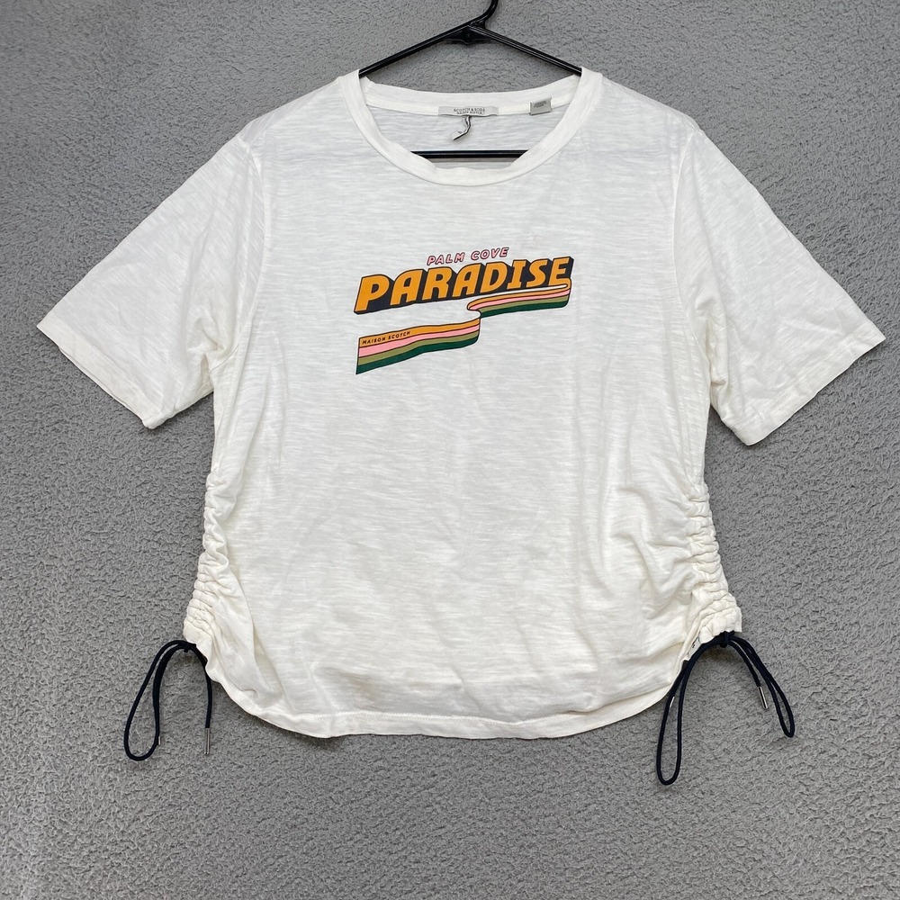 Scotch‎ & Soda Top Womens Medium Boxy Ruched Ties Beachy Graphic Beachy White